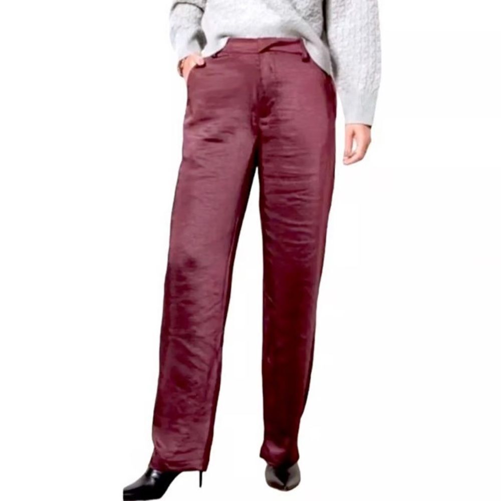 Good American Burgundy Washed Satin Straight Leg Pants size 10/30